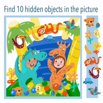 Find 10 hidden objects in the picture. Children in giraffe and dragon fancy Stock Illustration