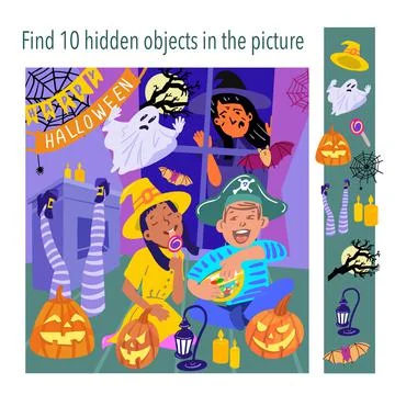 Find 10 hidden objects in the picture. Happy Halloween. Girl and boy eating Illustrazione stock