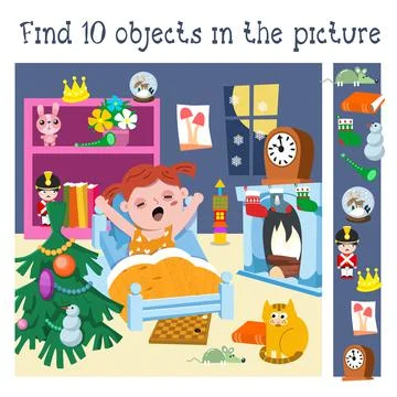Find 10 hidden objects in picture. Christmas night with cute girl in room Stock Illustration