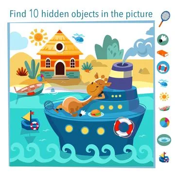 Find 10 hidden objects in picture. Educational game for kids. Giraffe on ship in Stock Illustration