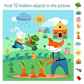 Find 10 hidden objects in picture. Educational game for kids. Cute flat cartoon Stock Illustration