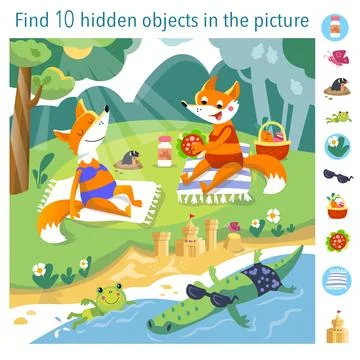 Find 10 hidden objects in picture. Educational game for kids. Cartoon foxes in Stock Illustration