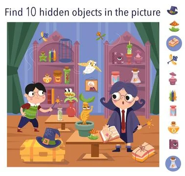 Find 10 hidden objects in picture. Educational game for kids. Cute girl witch Stock Illustration