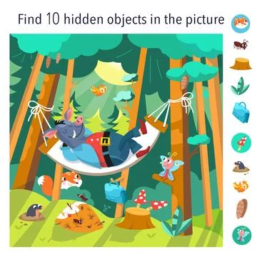 Find 10 hidden objects in picture. Educational game for kids. Cartoon wild boar Stock Illustration