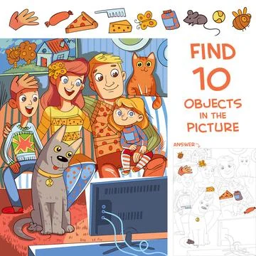Find 10 hidden objects in picture. Family watches TV together Stock Illustration