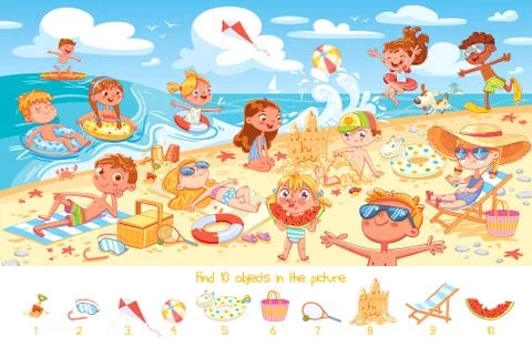 Find 10 objects in the picture. Group of kids having fun on beach Illustrazione stock