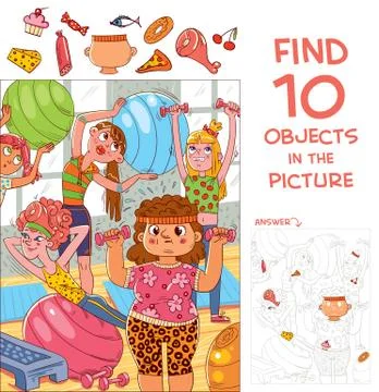 Find 10 objects in the picture. Group of girls are engaged in fitness Stock Illustration