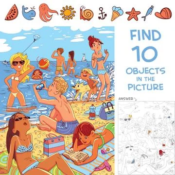 Find 10 objects in the picture. Young people relax on the beach Illustrazione stock