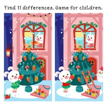 Find 11 differences. Game for children. Cute mother rabbit carries Christmas cak Stock Illustration