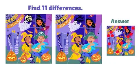 Find 11 Differences. Happy Halloween. Girl and boy eating sweets in room with Illustrazione stock
