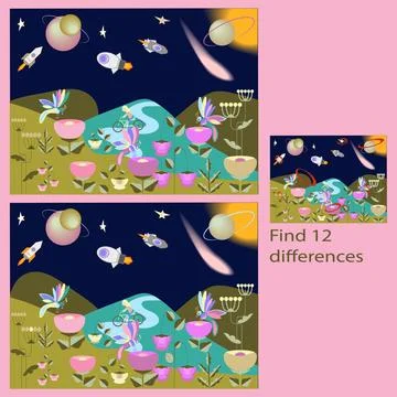 Find 12 differences in a fun space puzzle for kids Stock Illustration