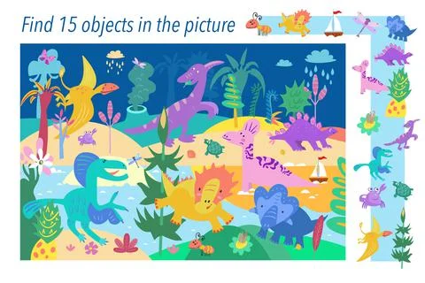 Find 15 hidden objects in picture. Dinosaurs in Jurassic Park. Vector color Stock Illustration