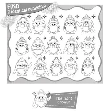 Find 2 identical penguins black and white Stock Illustration