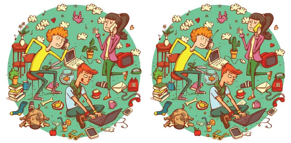 Find 20 Differences Visual Game. Solution in hidden layer Stock Illustration