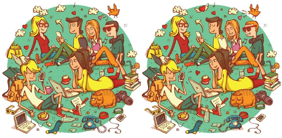 Find 20 Differences Visual Game. Solution in hidden layer Stock Illustration