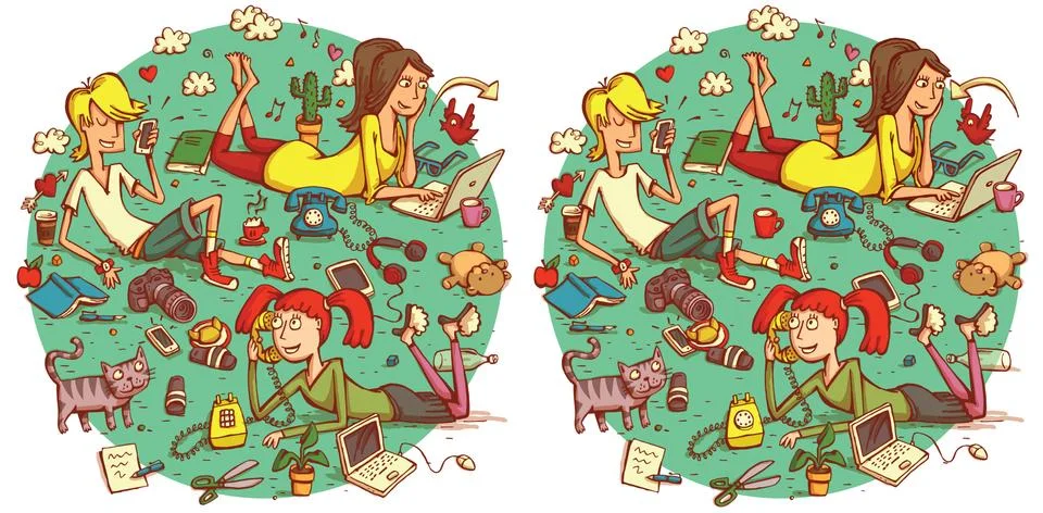 Find 20 Differences Visual Game. Solution in hidden layer Stock Illustration