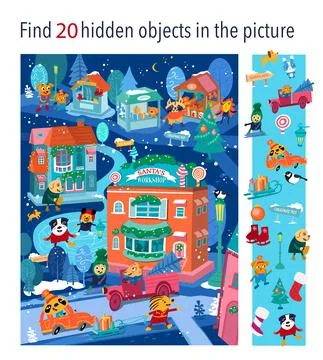 Find 20 hidden objects in picture. Christmas village with cute characters and Illustrazione stock