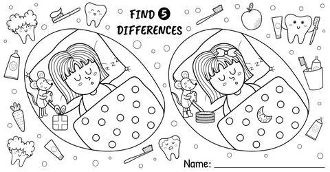Find 5 differences activity pages for kids. Funny dental tooth maze game for Stock Illustration