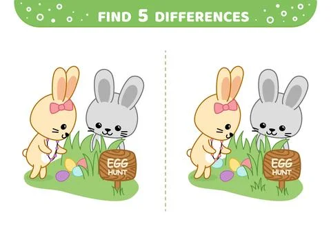 Find 5 differences. Bannies are on egg hunt. Easter game. Cartoon, vector Stock Illustration