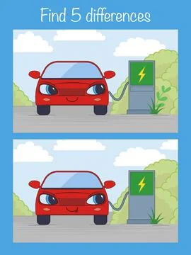Find 5 differences - children educational game with cute cartoon electro car. Illustrazione stock