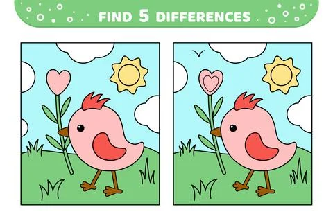 Find 5 differences. Cute nestling and flower. Game for kids. Cartoon, vector Stock Illustration