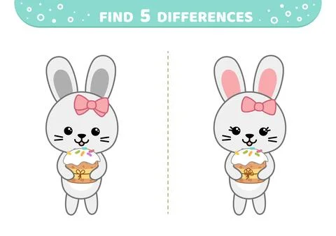 Find 5 differences. Easter girl bunny with cake. Easter game. Cartoon, vector. 스톡 일러스트