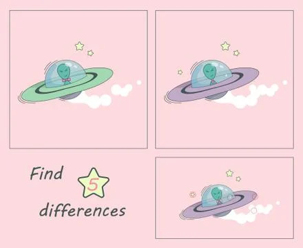 Find 5 differences education game for children. Spaceship with alien on board Stock Illustration