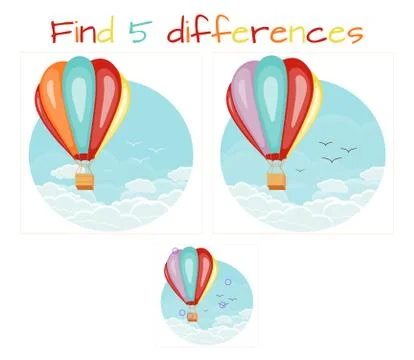 Find 5 differences education game for children, colorful balloon in the clouds Stock Illustration