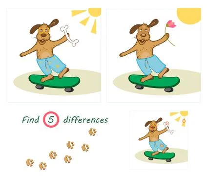 Find 5 differences education game for children, funny dog ​​with a bone  Stock Illustration