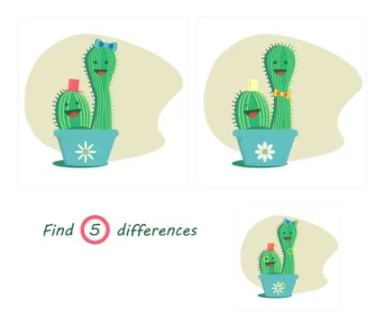 Find 5 differences education game for children, small cacti in a flower pot Stock Illustration