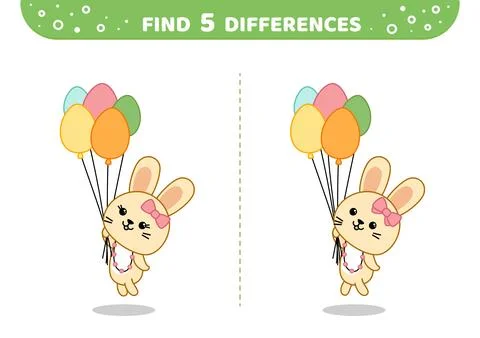 Find 5 differences. Flying rabbit by balloons. Easter game. Cartoon, vector Illustrazione stock