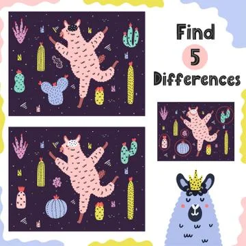 Find 5 differences game for kids with funny alpaca Stock Illustration