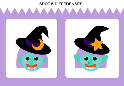 Find 5 Differences. Happy Halloween game. Witch Education Game for Children Stock Illustration