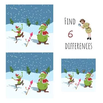 Find 6 differences. Educational game for children. Cartoon goblins in Santas hat Stock Illustration