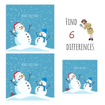 Find 6 differences. Educational game for children. Cartoon snowman in santa hat Stock Illustration
