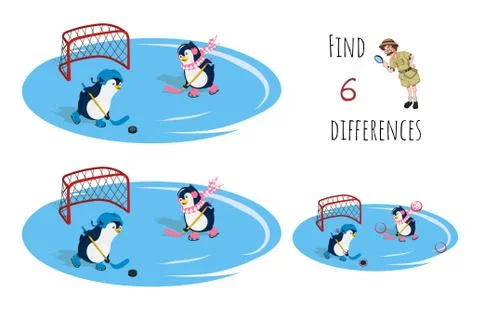 Find 6 differences. Game for children. Cartoon penguins playing hockey Illustrazione stock