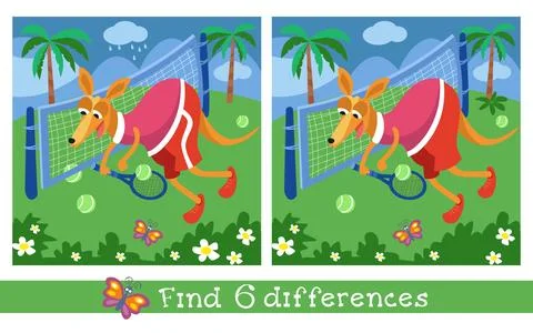 Find 6 differences. Puzzle game for children. Cute kangaroo playing tennis Stock Illustration