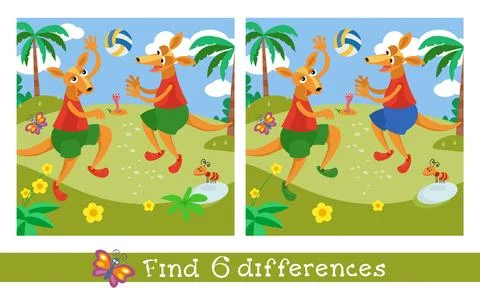 Find 6 differences. Puzzle game for children. Cute kangaroos playing volleyball Stock Illustration