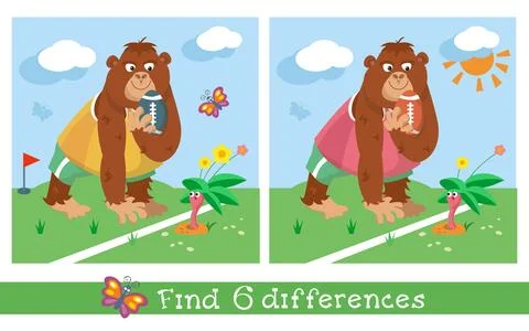 Find 6 differences. Puzzle game for children. Cute gorilla playing rugby. Vector Stock Illustration