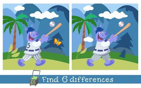 Find 6 differences. Puzzle game for children. Cute rhino with bat playing Stock Illustration