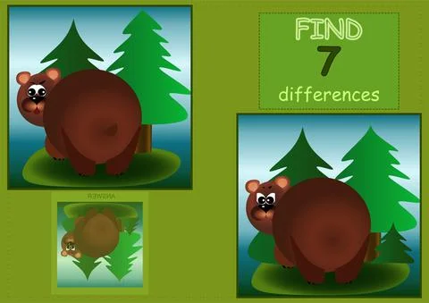 Find 7 differences brown bear from the back in the forest illustration Stock Illustration