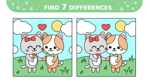 Find 7 differences. Cats on the walking. Game for kids. Cartoon, vector Illustrazione stock