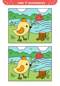 Find 7 differences. Chick with flower. Game for kids. Cartoon, vector. Stock Illustration