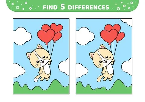 Find 7 differences. Cute kitten is flying by balloons. Game for kids. Cartoon Illustrazione stock
