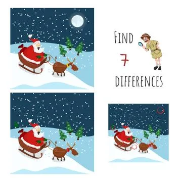 Find 7 differences. Educational game for children. Cartoon Santa and deer Stock Illustration