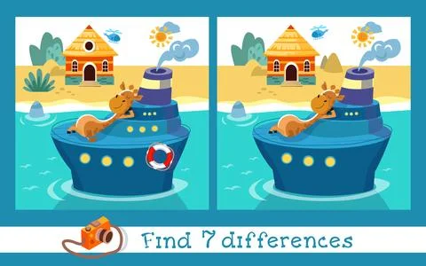 Find 7 differences. Educational puzzle game for children. Cute giraffe on ship Stock Illustration