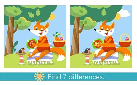 Find 7 differences. Educational puzzle game for children. Cartoon fox in Stock Illustration