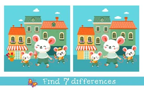 Find 7 differences. Educational puzzle game for children. Cute cartoon stylised Stock Illustration