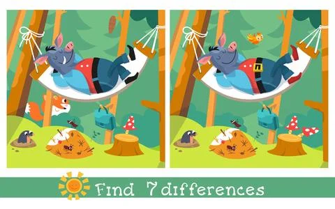 Find 7 differences. Educational puzzle game for children. Cartoon wild boar on Stock Illustration