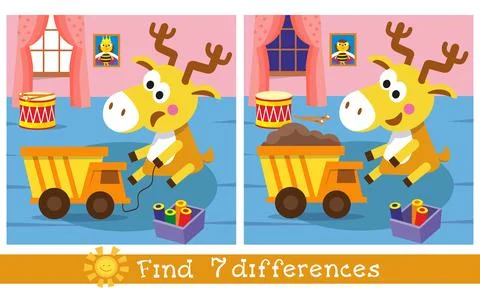 Find 7 differences. Educational puzzle game for children. Cartoon deer and dump Stock Illustration